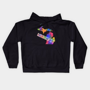 Colorful mandala art map of Michigan with text in multicolor pattern Kids Hoodie